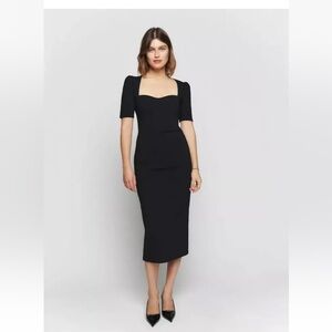 REFORMATION Black Clayten Sweetheart Fitted Ponte Knit Vented Midi Dress M